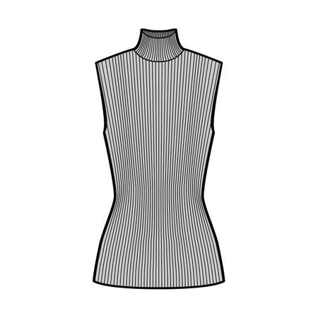 Turtleneck rib sweater technical fashion illustration with fitted tunic length body, sleeveless jumper. Flat shirt apparel template front, grey color. Women, men unisex top CAD mockupのイラスト素材