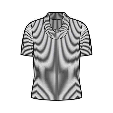 Ribbed cowl turtleneck knit sweater technical fashion illustration with short rib sleeves, oversized body. Flat outwear apparel template front, grey color. Women, men unisex shirt top CAD mockupのイラスト素材