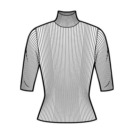 Turtleneck ribbed-knit sweater technical fashion illustration with elbow sleeves, close-fitting shape. Flat sweater apparel template front, white color. Women, men unisex shirt top CAD mockupのイラスト素材
