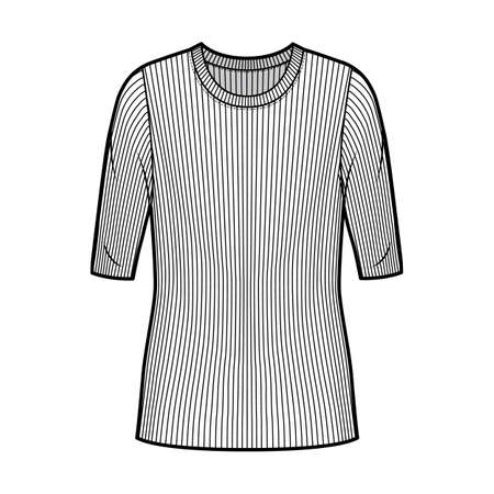 Ribbed crew neck knit sweater technical fashion illustration with elbow sleeves, oversized body, tunic length. Flat outwear apparel template front, white color. Women, men unisex shirt top mockupのイラスト素材