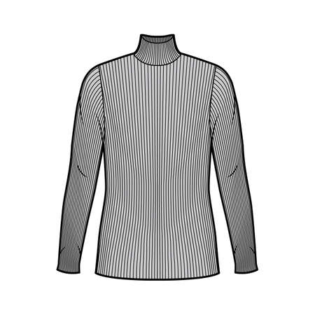 Turtleneck ribbed-knit sweater technical fashion illustration with long sleeves, oversized body, tunic length. Flat sweater apparel template front grey color. Women men unisex shirt top CAD mockupのイラスト素材