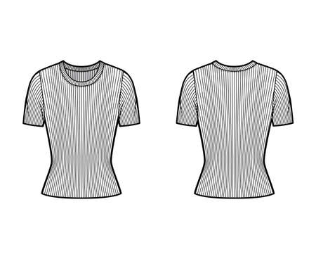 Ribbed crew neck knit sweater technical fashion illustration with short rib sleeves, close-fitting shape. Flat outwear apparel template front, back white color. Women, men, unisex shirt top CADのイラスト素材