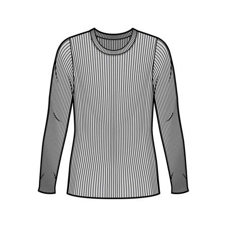 Ribbed crew neck knit sweater technical fashion illustration with long sleeves, oversized body, tunic length. Flat outwear apparel template front grey color. Women men unisex shirt top CAD mockupのイラスト素材