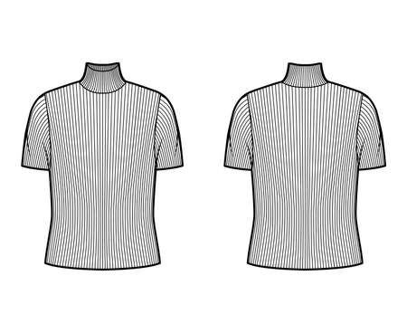 Turtleneck ribbed-knit sweater technical fashion illustration with short rib sleeves, oversized body. Flat sweater apparel template front, back white color. Women, men, unisex shirt top CAD mockupのイラスト素材