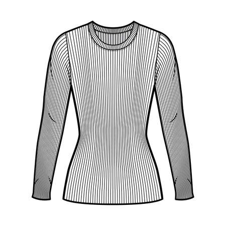 Ribbed crew neck knit sweater technical fashion illustration with long sleeves, close-fitting shape tunic length. Flat outwear apparel template front white color. Women men unisex shirt top mockupのイラスト素材