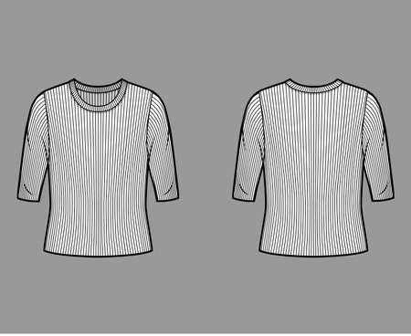 Ribbed crew neck knit sweater technical fashion illustration with elbow sleeves, oversized body. Flat outwear apparel template front, back white color. Women, men unisex shirt top CAD mockupのイラスト素材