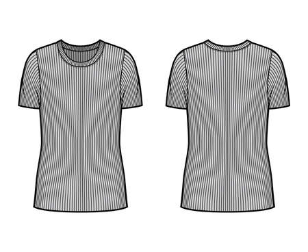 Ribbed crew neck knit sweater technical fashion illustration with short rib sleeves, oversized body tunic length. Flat outwear apparel template front back grey color. Women men unisex shirt top CADのイラスト素材