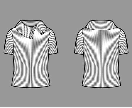 Wide button-up turtleneck ribbed-knit sweater technical fashion illustration with short rib sleeves, oversized body. Flat sweater apparel template front, back white color. Women, men, unisex shirt topのイラスト素材