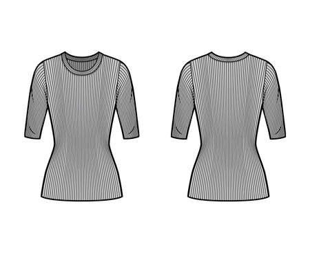 Ribbed crew neck knit sweater technical fashion illustration with elbow sleeves, close-fitting shape, tunic length. Flat outwear apparel template front back grey color. Women men unisex top CADのイラスト素材