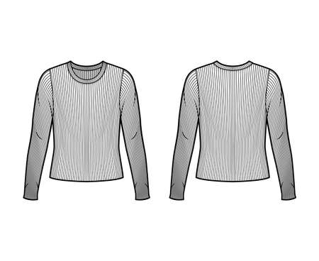 Ribbed crew neck knit sweater technical fashion illustration with long sleeves, oversized body. Flat outwear apparel template front back white color. Women men unisex shirt top CAD mockupのイラスト素材