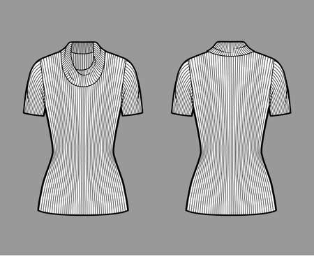 Ribbed cowl turtleneck knit sweater technical fashion illustration with short rib sleeves, tunic length. Flat outwear apparel template front, back white color. Women, men, unisex shirt top CAD mockupのイラスト素材