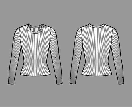 Ribbed crew neck knit sweater technical fashion illustration with long sleeves, close-fitting shape. Flat outwear apparel template front, back white color. Women men, unisex shirt top CAD mockupのイラスト素材