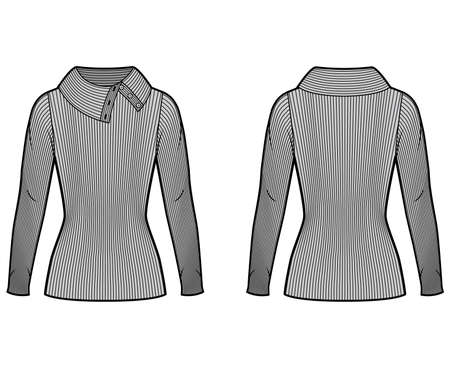 Wide button-up turtleneck ribbed-knit sweater technical fashion illustration with long sleeves, close shape, tunic length. Flat sweater apparel template front back grey color. Women men unisex shirtのイラスト素材