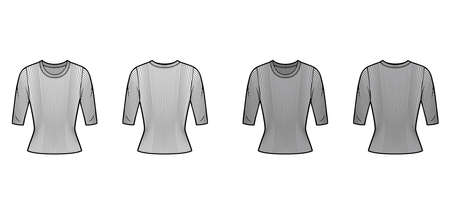 Ribbed crew neck knit sweater technical fashion illustration with short rib sleeves, tunic length. Flat outwear apparel template front, back white grey color. Women, men, unisex shirt top CAD mockupのイラスト素材