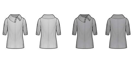 Wide button-up turtleneck ribbed-knit sweater technical fashion illustration with elbow sleeves, oversized body. Flat sweater apparel template front, back white grey color. Women, men unisex shirtのイラスト素材