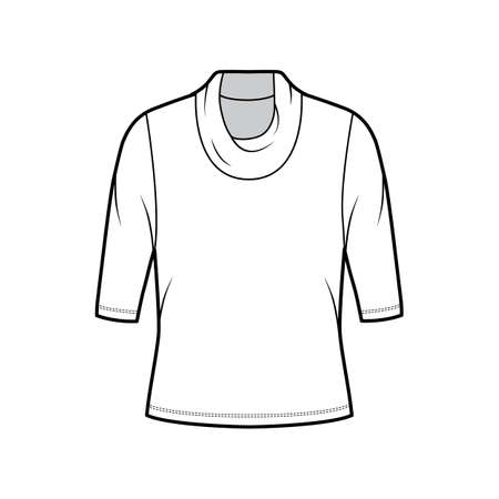 Cowl turtleneck jersey sweater technical fashion illustration with elbow sleeves, oversized body. Flat outwear apparel template front, white color. Women men unisex shirt top CAD mockupのイラスト素材
