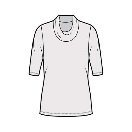 Cowl turtleneck jersey sweater technical fashion illustration with elbow sleeves, oversized body, tunic length. Flat outwear apparel template front, grey color. Women, men unisex shirt CAD mockupのイラスト素材
