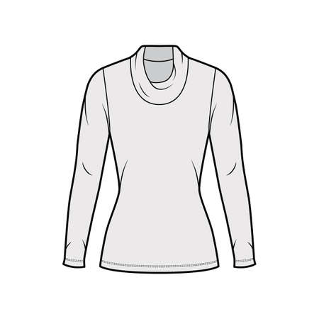 Cowl turtleneck jersey sweater technical fashion illustration with long sleeves, close shape, tunic length. Flat outwear apparel template front grey color. Women men unisex shirt top CAD mockupのイラスト素材