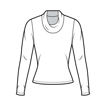 Cowl turtleneck jersey sweater technical fashion illustration with long sleeves, close-fitting shape. Flat outwear apparel template front, white color. Women, men, unisex shirt top CAD mockupのイラスト素材