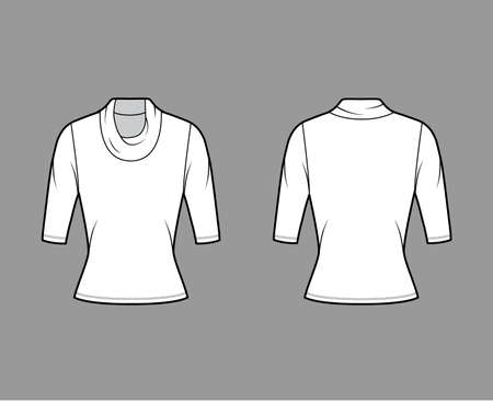Cowl turtleneck jersey sweater technical fashion illustration with elbow sleeves, close-fitting shape. Flat outwear apparel template front, back white color. Women, men unisex shirt top CAD mockupのイラスト素材