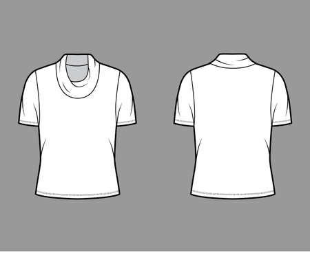 Cowl turtleneck jersey sweater technical fashion illustration with short sleeves, oversized body. Flat outwear apparel template front, back white color. Women, men unisex shirt top CAD mockupのイラスト素材