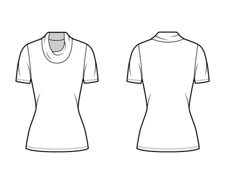 Cowl turtleneck jersey sweater technical fashion illustration with short sleeves, tunic length. Flat outwear apparel template front, back white color. Women, men, unisex t-shirt top CAD mockupのイラスト素材