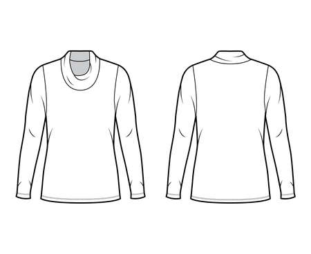 Cowl turtleneck jersey sweater technical fashion illustration with long sleeves, oversized, tunic length. Flat outwear apparel template front back white color. Women men unisex shirt top CAD mockupのイラスト素材