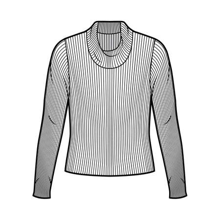 Ribbed cowl turtleneck knit sweater technical fashion illustration with long sleeves, oversized body. Flat sweater apparel template front white color. Women men unisex shirt top CAD mockupのイラスト素材