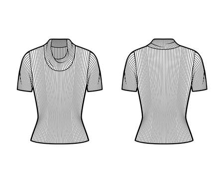 Ribbed cowl turtleneck knit sweater technical fashion illustration with short rib sleeves, close-fitting shape. Flat sweater apparel template front, back white color. Women, men, unisex shirt top CADのイラスト素材