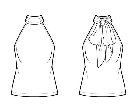Halterneck top technical fashion illustration with semi-fitted body, ties pussy-bow at neck, sleeveless. Flat blouse apparel template front, back, white color. Women, men unisex shirt CAD mockupのイラスト素材