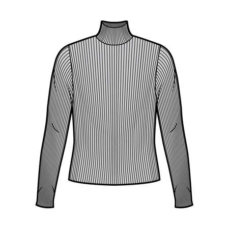 Turtleneck ribbed-knit sweater technical fashion illustration with long sleeves, oversized body. Flat sweater apparel template front grey color. Women men unisex shirt top CAD mockupのイラスト素材