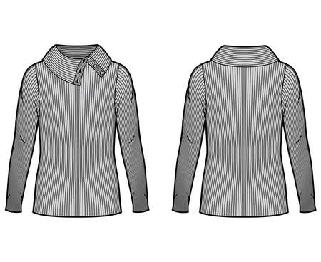 Wide button-up turtleneck ribbed-knit sweater technical fashion illustration with long sleeves, oversized body tunic length. Flat sweater apparel template front back grey color. Women men unisex shirtのイラスト素材