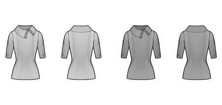 Wide button-up turtleneck ribbed-knit sweater technical fashion illustration with elbow sleeves, close shape, tunic length. Flat sweater apparel template front, back white grey color. Women men unisexのイラスト素材