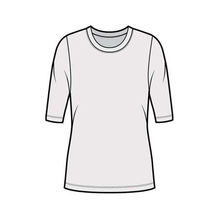 Crew neck jersey sweater technical fashion illustration with elbow sleeves, oversized body, tunic length. Flat outwear apparel template front, grey color. Women, men unisex shirt top CAD mockupのイラスト素材