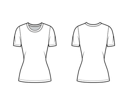 Crew neck jersey t-shirt technical fashion illustration with short sleeves, close-fitting shape, tunic length. Flat sweater apparel template front, back white color. Women, men, unisex outfit top CADのイラスト素材