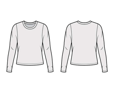 Crew neck jersey sweater technical fashion illustration with long sleeves, oversized body. Flat outwear apparel template front back grey color. Women men unisex shirt top CAD mockupのイラスト素材