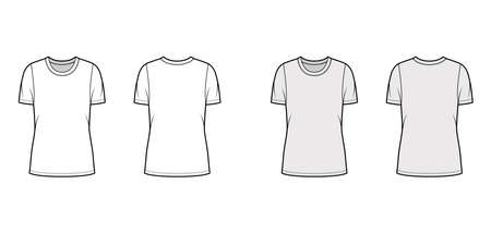 Crew neck jersey t-shirt technical fashion illustration with short sleeves, oversized body, tunic length. Flat apparel template front back white grey color. Women men unisex outfit top CAD mockupのイラスト素材