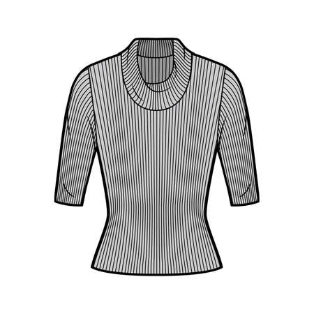 Ribbed cowl turtleneck knit sweater technical fashion illustration with elbow sleeves, close-fitting shape. Flat sweater apparel template front, grey color. Women, men unisex shirt top CAD mockupのイラスト素材