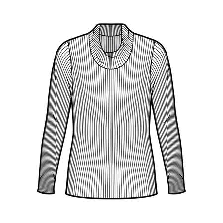 Ribbed cowl turtleneck knit sweater technical fashion illustration with long sleeves, oversized body, tunic length. Flat sweater apparel template front white color. Women men unisex shirt top CADのイラスト素材