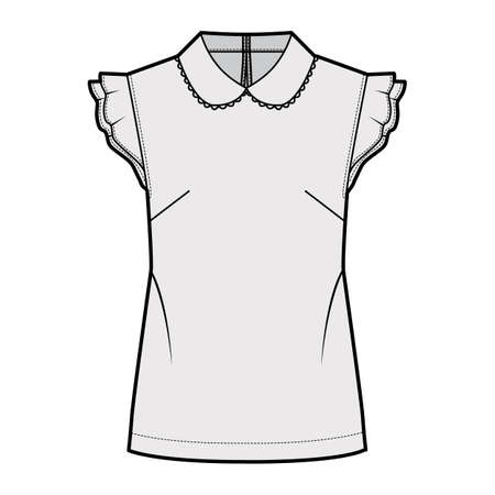 Round collar blouse technical fashion illustration with loose silhouette, flutter sleeve, back button-fastening keyhole. Flat shirt apparel template front, grey color. Women, men unisex top CAD mockupのイラスト素材