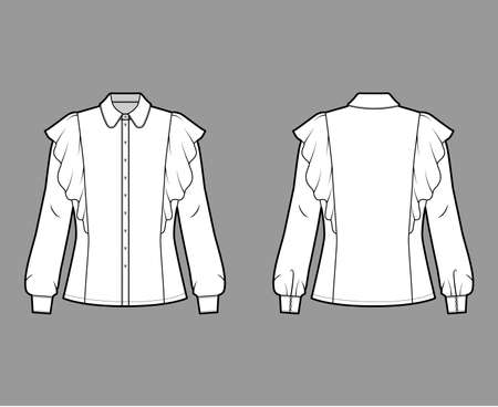 Shirt technical fashion illustration with fitted body, round collar with stand, ruffled and long sleeves with cuff. Flat blouse apparel template front, back, white color. Women, men unisex CAD mockupのイラスト素材
