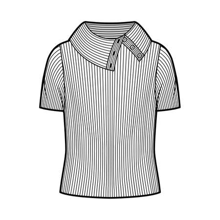 Wide button-up turtleneck ribbed-knit sweater technical fashion illustration with short rib sleeves, oversized body. Flat sweater apparel template front, white color. Women, men, unisex shirt top CADのイラスト素材