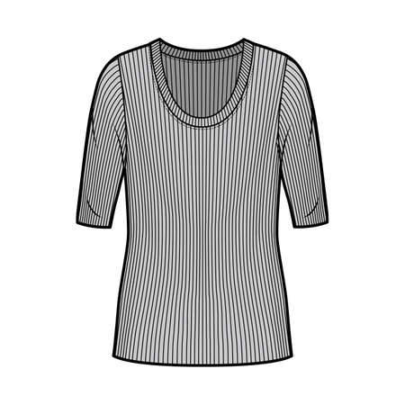 Ribbed scoop neck knit sweater technical fashion illustration with elbow sleeves, oversized body, tunic length. Flat outwear apparel template front, grey color. Women, men unisex shirt top mockupのイラスト素材