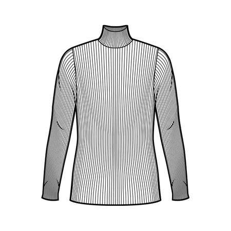 Turtleneck ribbed-knit sweater technical fashion illustration with long sleeves, oversized body, tunic length. Flat sweater apparel template front white color. Women men unisex shirt top CAD mockupのイラスト素材