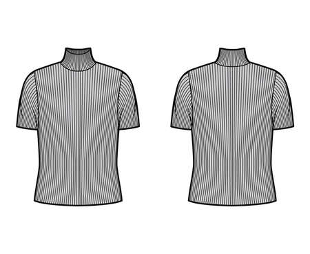 Turtleneck ribbed-knit sweater technical fashion illustration with short rib sleeves, oversized body. Flat sweater apparel template front, back grey color. Women, men, unisex shirt top CAD mockupのイラスト素材