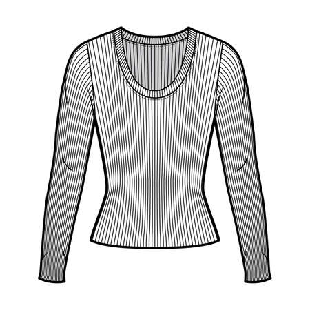 Ribbed scoop neck knit sweater technical fashion illustration with long sleeves, close-fitting shape. Flat outwear apparel template front, white color. Women men, unisex shirt top CAD mockupのイラスト素材