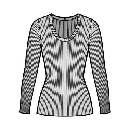 Ribbed scoop neck knit sweater technical fashion illustration with long sleeves, close-fitting shape tunic length. Flat outwear apparel template front grey color. Women men unisex shirt top mockupのイラスト素材