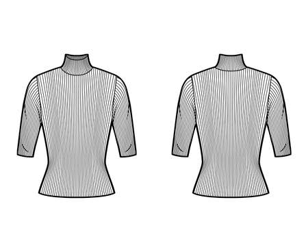 Turtleneck ribbed-knit sweater technical fashion illustration with elbow sleeves, close-fitting shape. Flat sweater apparel template front, back white color. Women, men unisex shirt top CAD mockupのイラスト素材