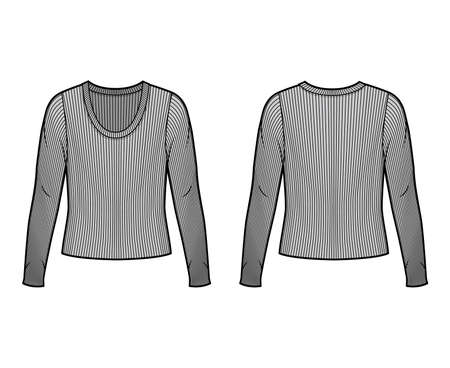 Ribbed scoop neck knit sweater technical fashion illustration with long sleeves, oversized body. Flat outwear apparel template front back grey color. Women men unisex shirt top CAD mockupのイラスト素材