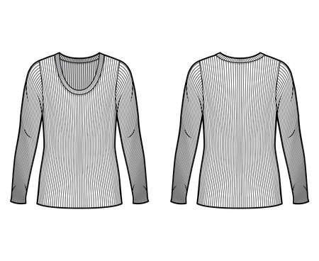 Ribbed scoop neck knit sweater technical fashion illustration with long sleeves, oversized body, tunic length. Flat outwear apparel template front back white color. Women men unisex shirt top CADのイラスト素材